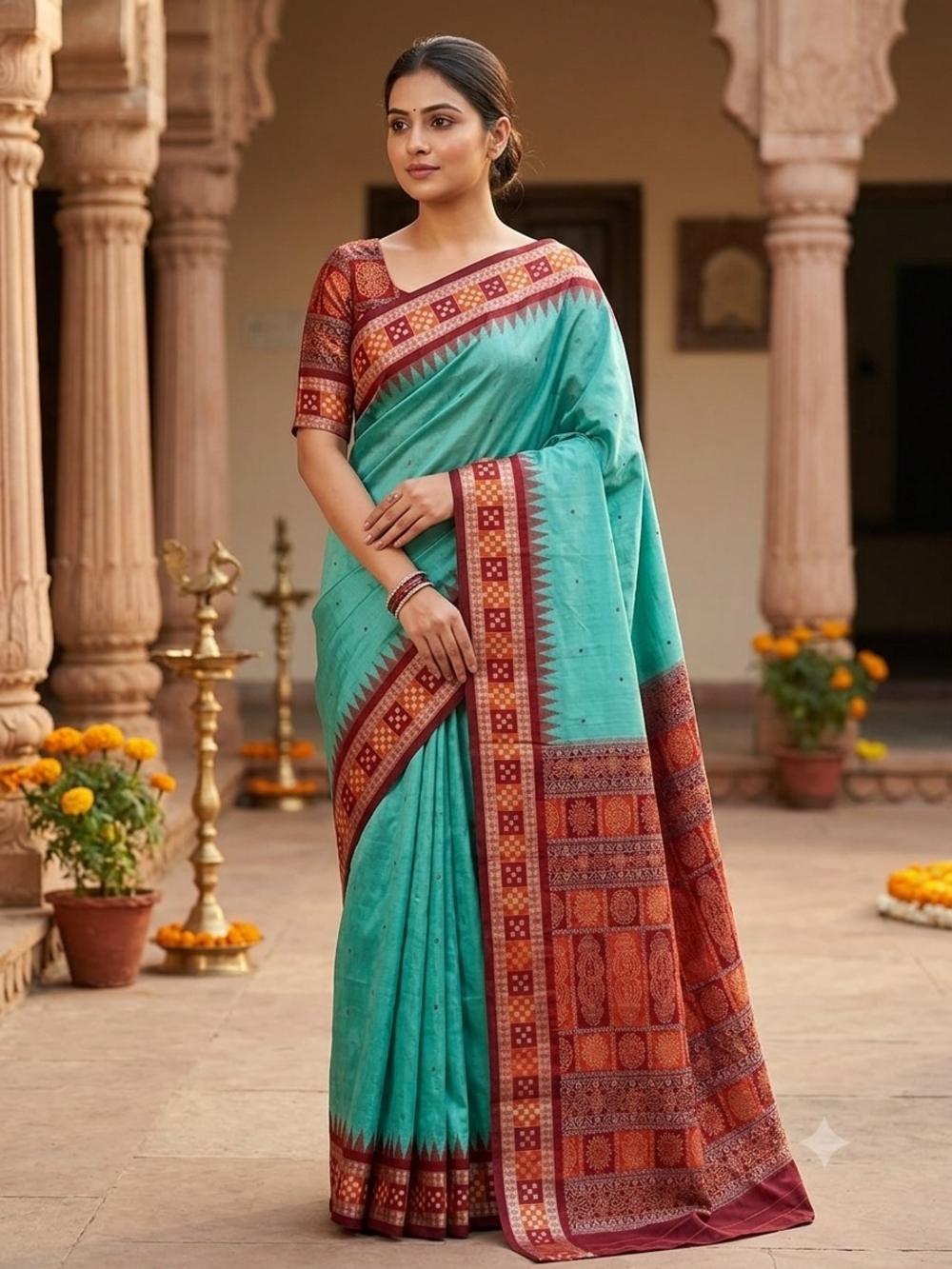 Women Exquisite Pure Silk Handloom Sambalpuri Ikkat Saree - Sea Green & Maroon